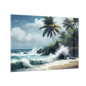Quadro em vidro - Ondas quebrando contra as rochas perto das palmeiras em uma praia tropical - 70x50cm - Em uma costa tropical - Decoração de parede moderna para a sala de estar e quarto ARTTOR