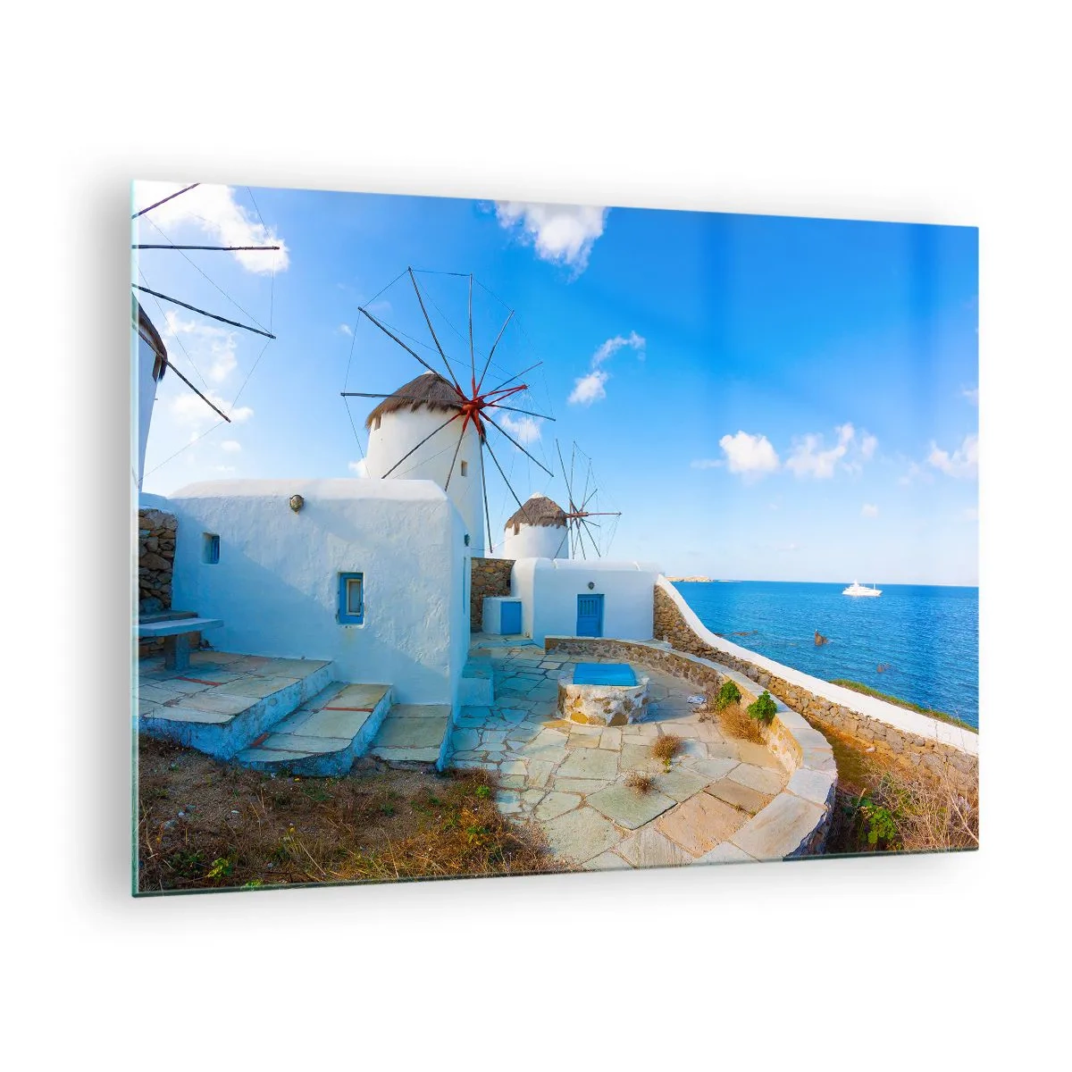 Quadro em vidro - Moinhos de vento na costa do Mar Egeu - 70x50cm - Vento azul do mar - Decoração de parede moderna para a sala de estar e quarto ARTTOR