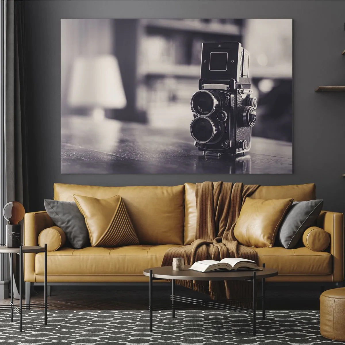 Quadro em vidro - Fotografia em preto e branco de uma câmera antiga - 70x50cm - A magia da fotografia antiga - Decoração de parede moderna para a sala de estar e quarto ARTTOR