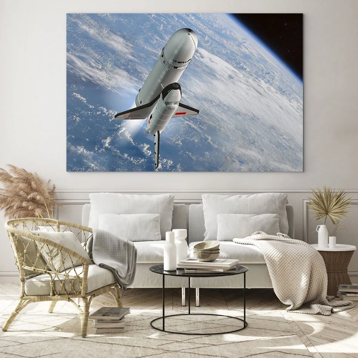 Quadro em vidro - Um ônibus espacial decolando no espaço com a Terra ao fundo. - 70x50cm - Ascensão cósmica - Decoração de parede moderna para a sala de estar e quarto ARTTOR