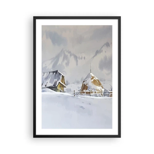 Pôster com moldura preta - Paisagem de inverno com uma casa de campo e um palheiro nas montanhas - 50x70cm - No vale nevado - Decoração de parede moderna para a sala de estar e quarto ARTTOR