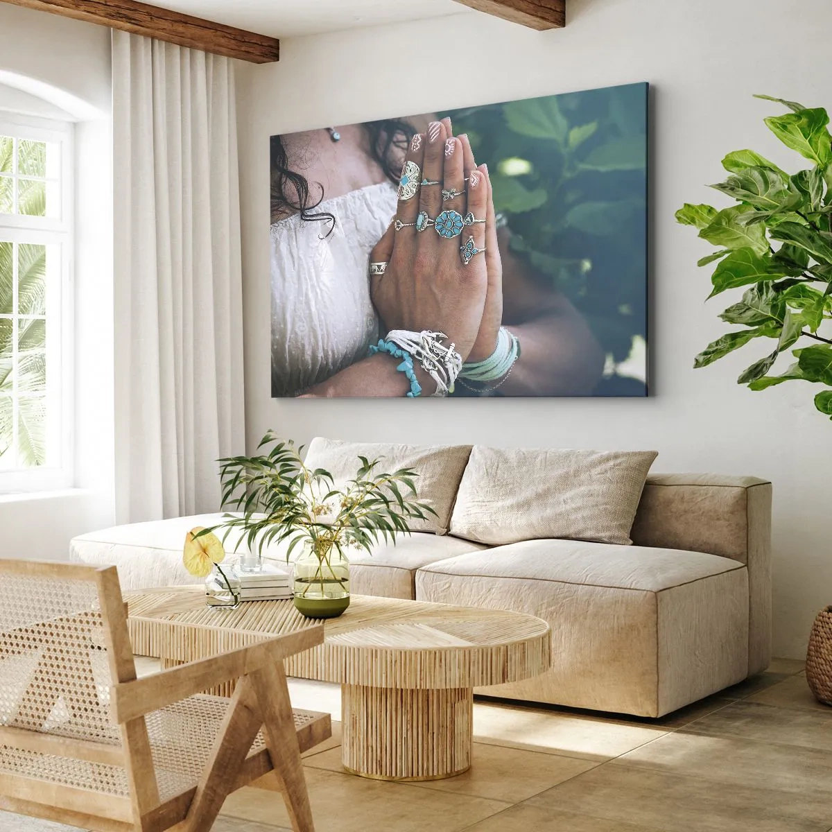 Quadro em tela - Mãos decoradas com joias boho - 70x50cm - Bem-vindo ao centro do ser - Decoração de parede moderna para a sala de estar e quarto ARTTOR
