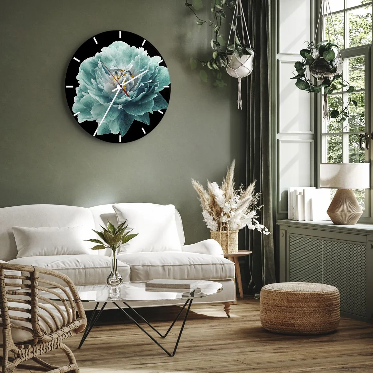 Relógio de parede - Relógio em vidro - Flor de peônia turquesa em um fundo preto - 30x30cm - Pétalas azuis e douradas - Decoração de parede moderna para a sala de estar, cozinha e quarto ARTTOR