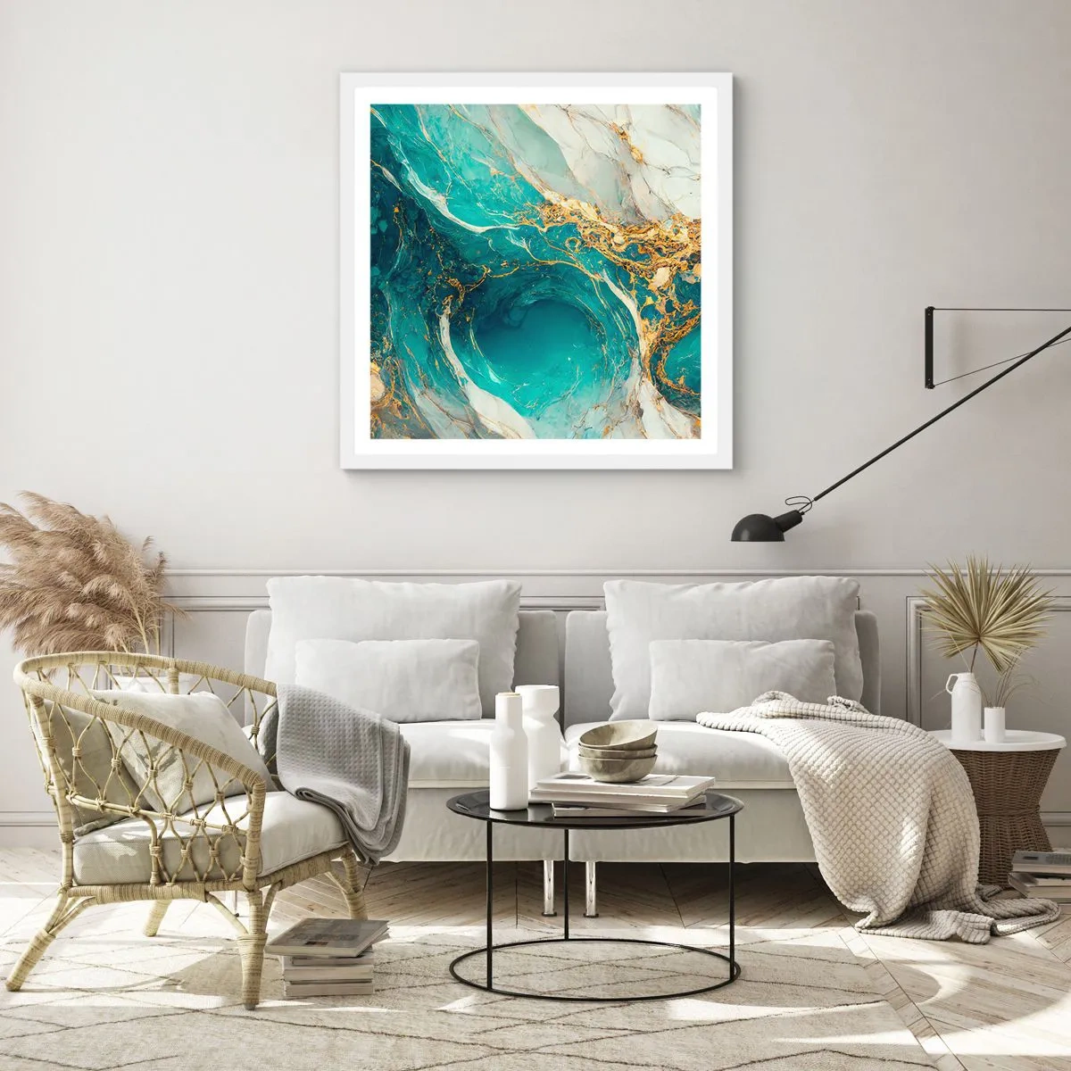 Pôster em moldura branca - Composição com veios d'ouro - 60x60 cm