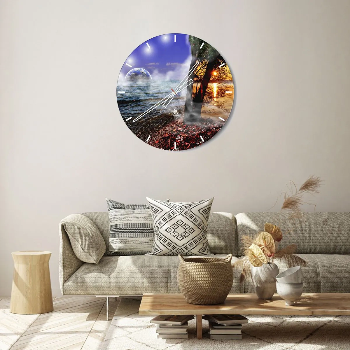 Relógio de parede - Relógio em vidro - Paisagem surrealista - a unidade da natureza - 30x30 cm