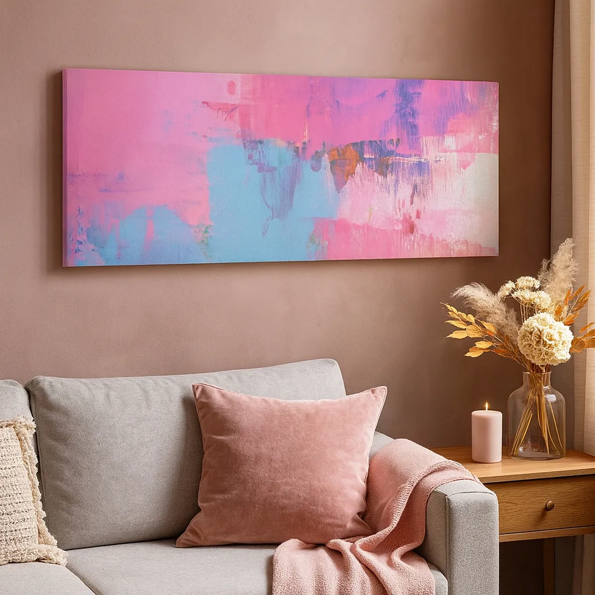 Quadro em tela - Rosa, azul e uma pitada de luz - 30x30 cm