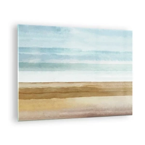 Quadro em vidro - Uma praia minimalista em estilo aquarela pastel - 70x50cm - Serenidade - Decoração de parede moderna para a sala de estar e quarto ARTTOR