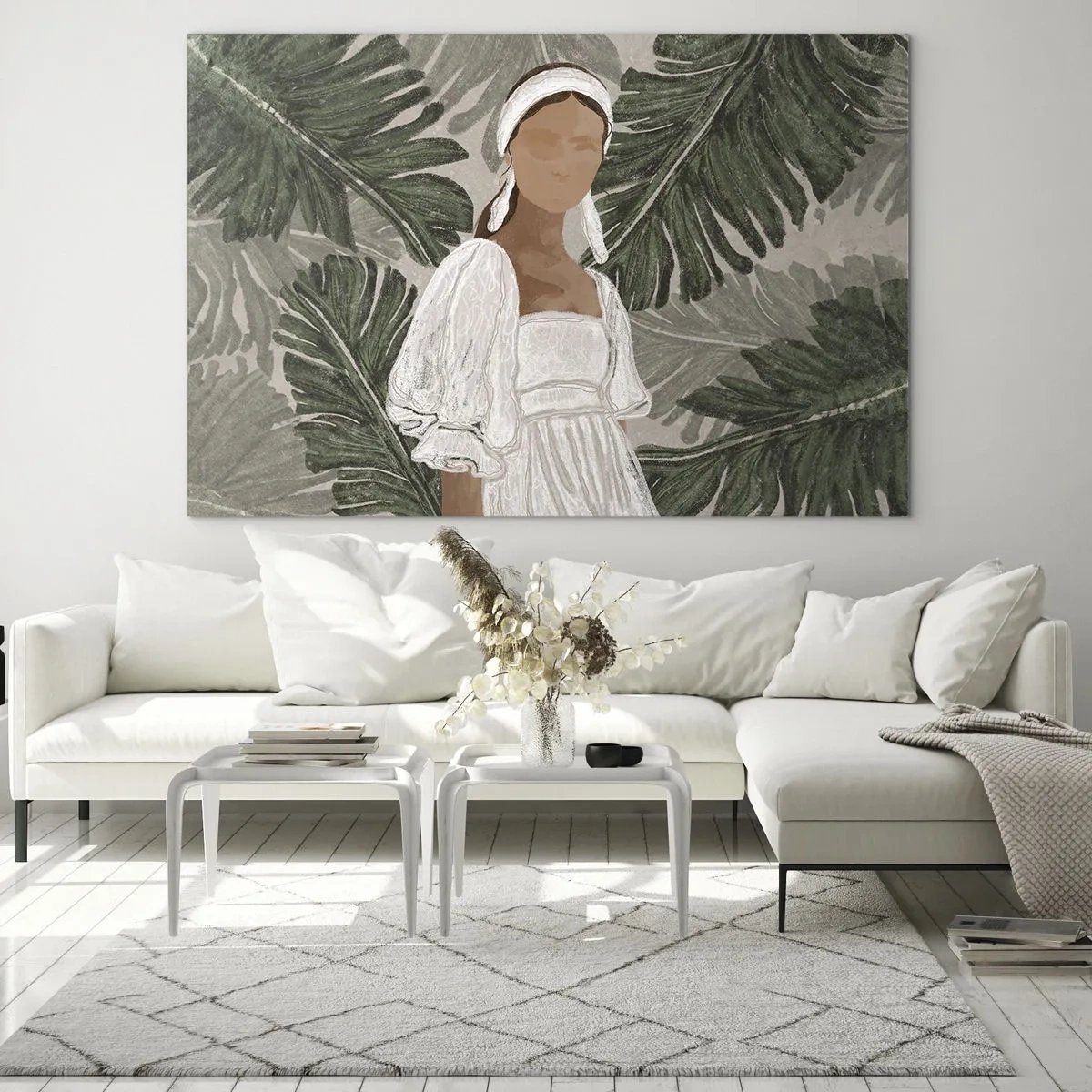 Quadro em vidro - Uma mulher de vestido branco sobre um fundo de folhas tropicais verdes. - 70x50cm - Retrato exótico - Decoração de parede moderna para a sala de estar e quarto ARTTOR