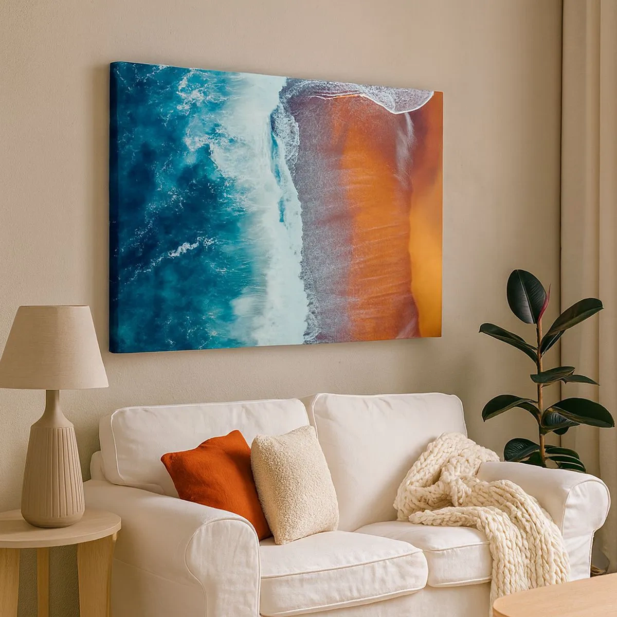 Quadro em tela - Uma vista das ondas do oceano quebrando na praia dourada - 70x50cm - Toque do oceano - Decoração de parede moderna para a sala de estar e quarto ARTTOR