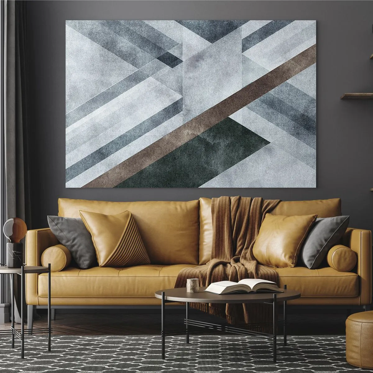 Quadro em vidro - Abstração geométrica em tons frios com um toque verde escuro - 70x50cm - Elegância sofisticada da geometria - Decoração de parede moderna para a sala de estar e quarto ARTTOR