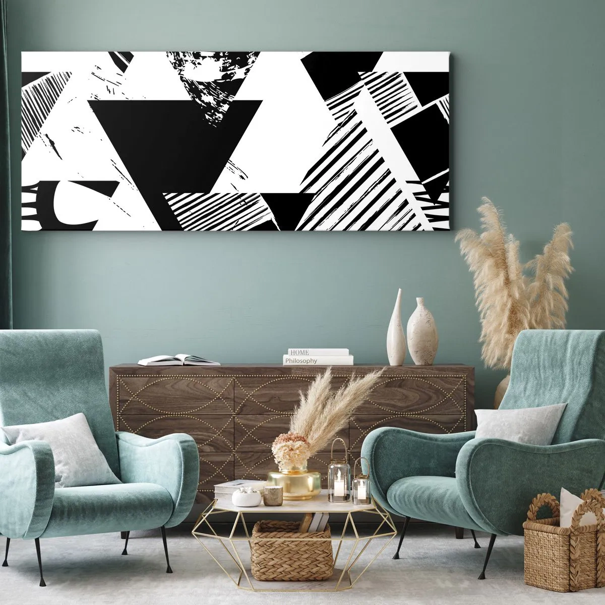 Quadro em tela - Chuva de triângulos - 140x50 cm