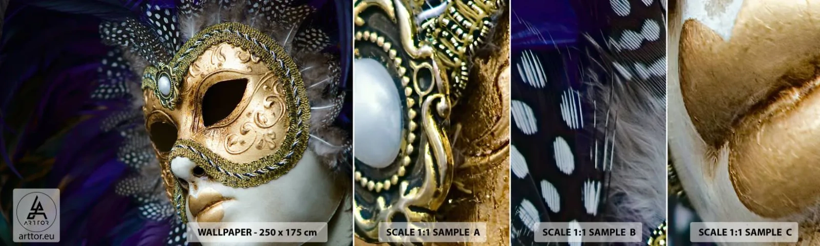 Amostra de Papel de Parede Standard Eco - Retrato veneziano em ouro - Capuz, Pedaço, Veneza - 100x30 cm