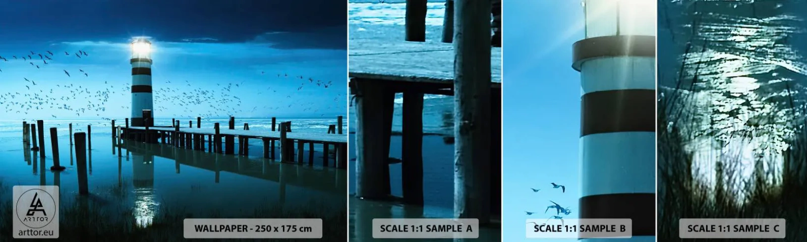 Amostra de papel de parede autocolante Deluxe Sticker - E não se teme o escuro - Paisagem, Farol, Ponte de madeira - 100x30 cm