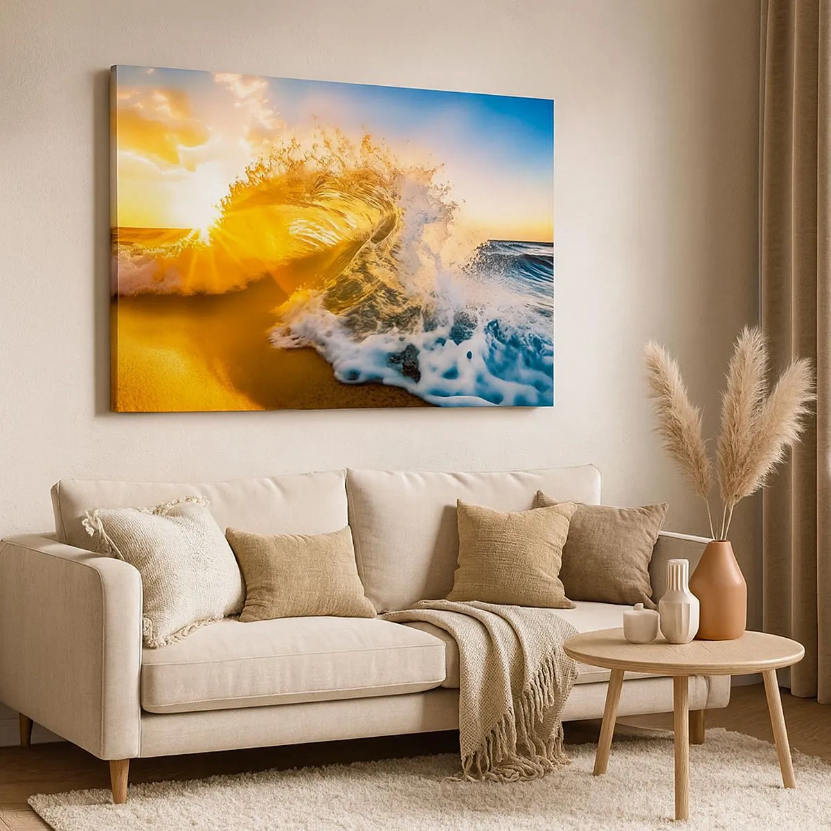 Quadro em tela - Uma onda dourada contra o pano de fundo do pôr do sol - 70x50cm - Diversão na areia - Decoração de parede moderna para a sala de estar e quarto ARTTOR