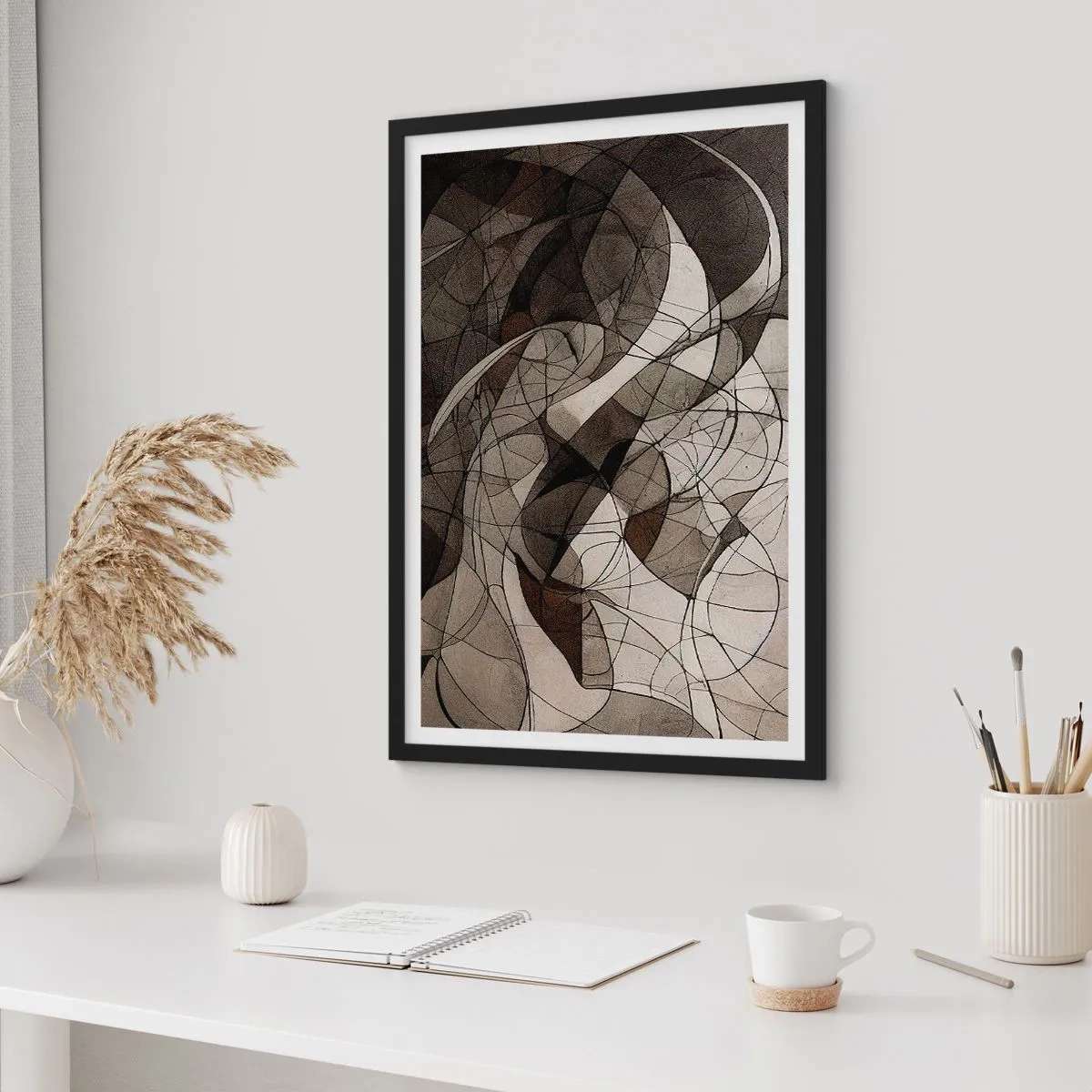 Pôster com moldura preta - Composição abstrata de linhas e formas geométricas - 50x70cm - Circulação das cores da terra - Decoração de parede moderna para a sala de estar e quarto ARTTOR
