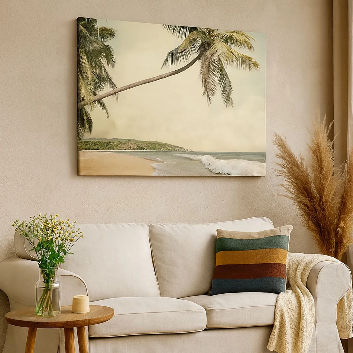 Quadro em tela - Uma praia com palmeiras tendo como pano de fundo um mar calmo - 70x50cm - Sonho tropical - Decoração de parede moderna para a sala de estar e quarto ARTTOR