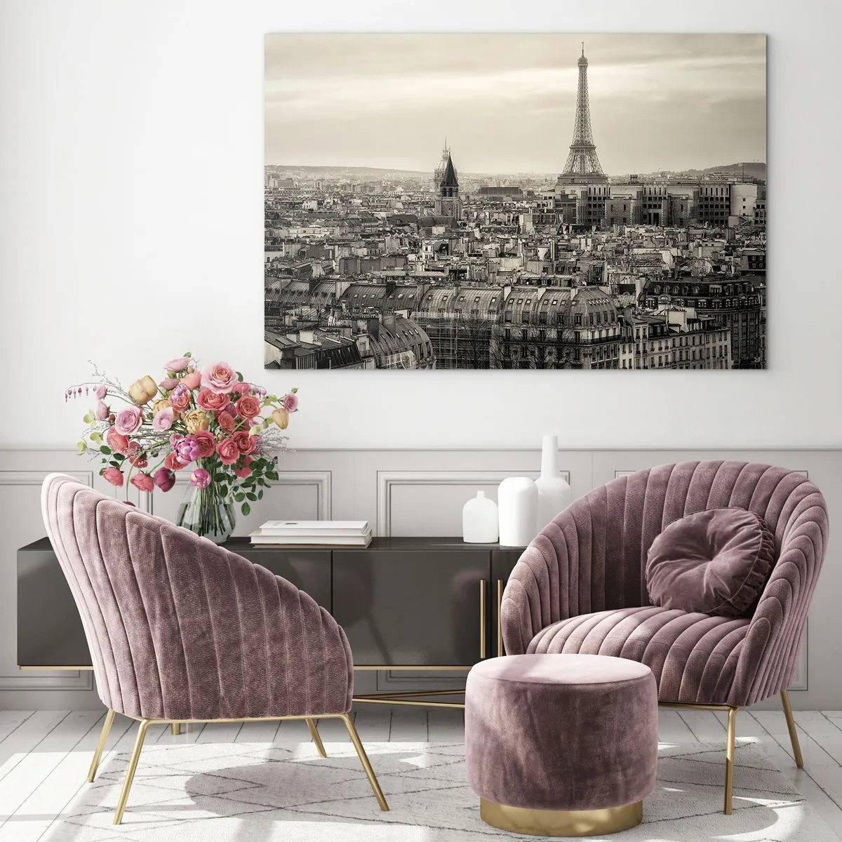 Quadro em vidro - Um panorama de Paris com vista para a Torre Eiffel em tons sépia - 70x50cm - Sobre os telhados de Paris - Decoração de parede moderna para a sala de estar e quarto ARTTOR