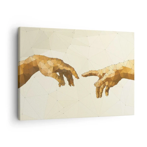 Quadro em tela - Mãos geométricas estendendo-se uma em direção à outra contra um fundo claro - 70x50cm - Geometria divina - Decoração de parede moderna para a sala de estar e quarto ARTTOR