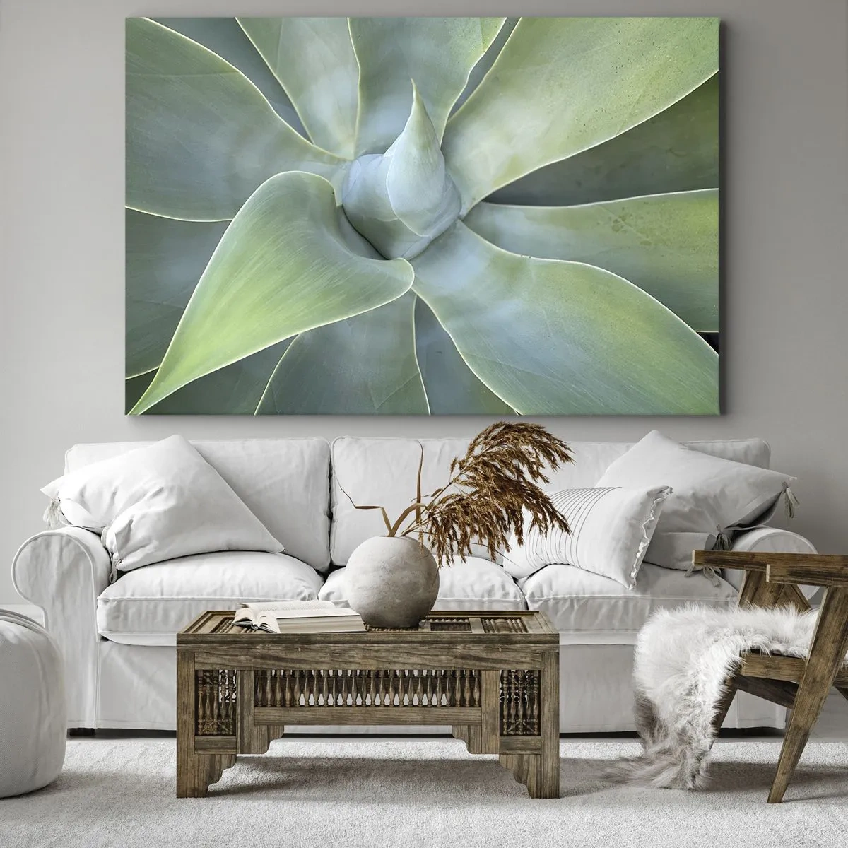 Quadro em tela - Folhas sutis de agave em tons de verde - 70x50cm - O nascimento da vegetação - Decoração de parede moderna para a sala de estar e quarto ARTTOR