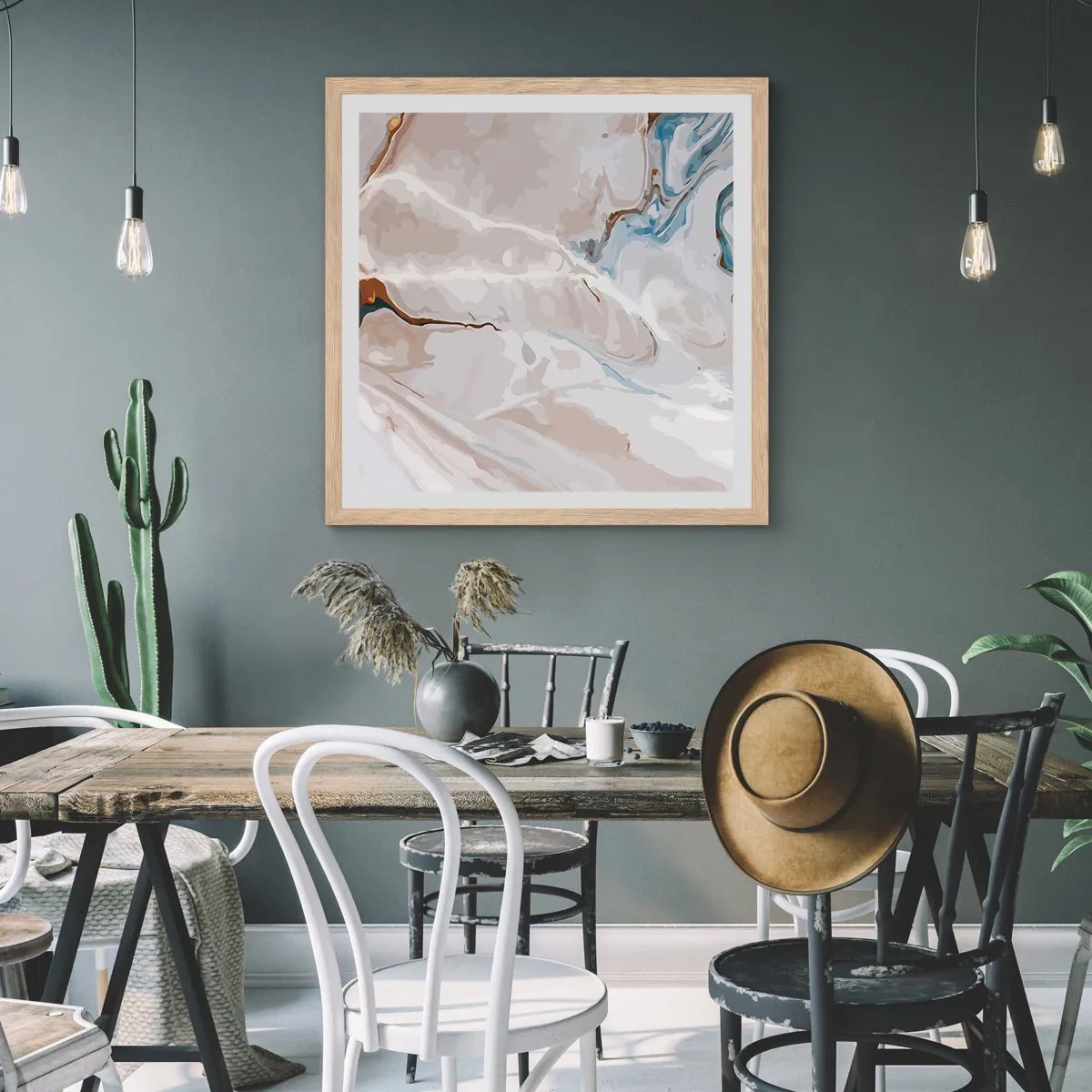 Pôster com moldura de carvalho claro - Meandros azuis sob branco - 30x30 cm