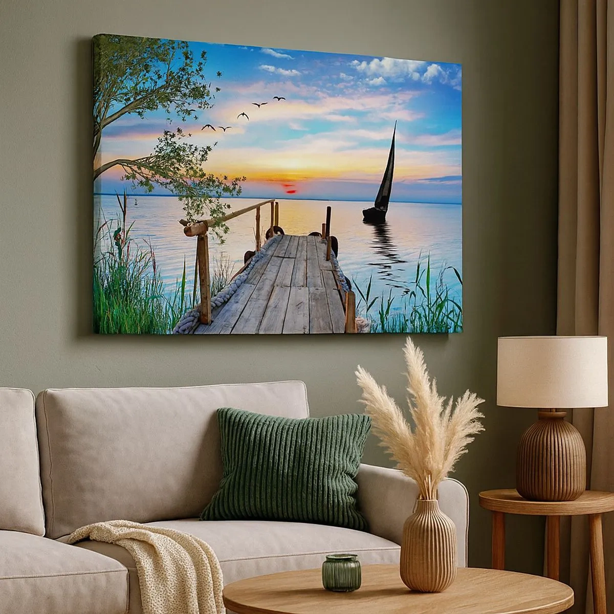 Quadro em tela - Píer do lago com barco e pôr do sol - 70x50cm - Boa noite - Decoração de parede moderna para a sala de estar e quarto ARTTOR