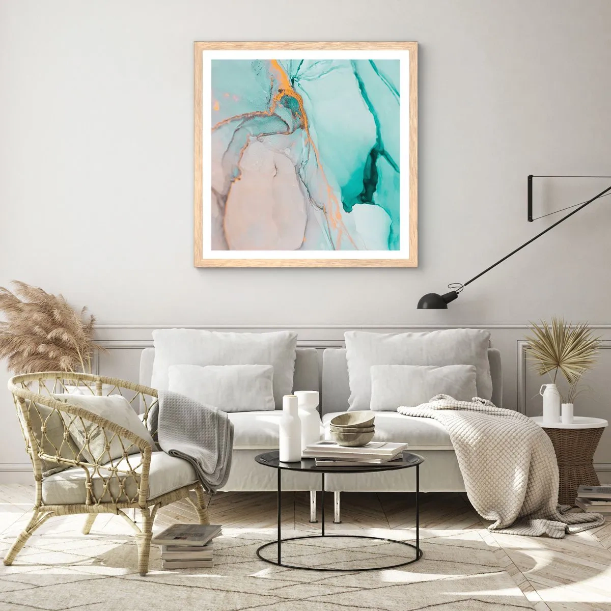 Pôster com moldura de carvalho claro - Dança das formas e cores - 60x60 cm