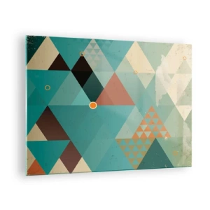 Quadro em vidro - Geometria em tons de turquesa e marrom com triângulos - 70x50cm - A unidade de muitos, os muitos da unidade - Decoração de parede moderna para a sala de estar e quarto ARTTOR