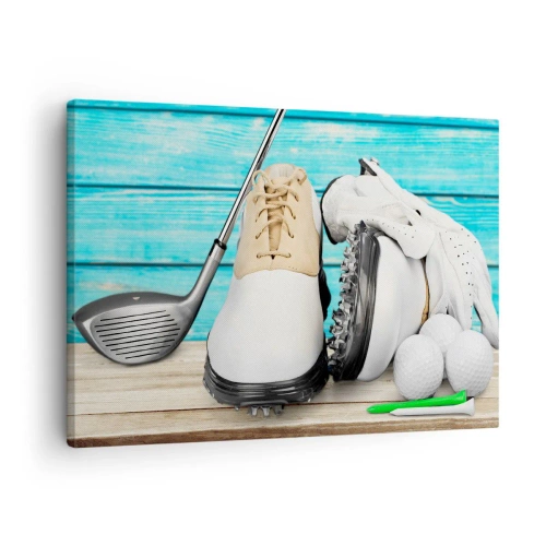 Quadro em tela - Um conjunto de acessórios de golfe em um fundo de madeira - 70x50cm - Está tudo pronto - Decoração de parede moderna para a sala de estar e quarto ARTTOR