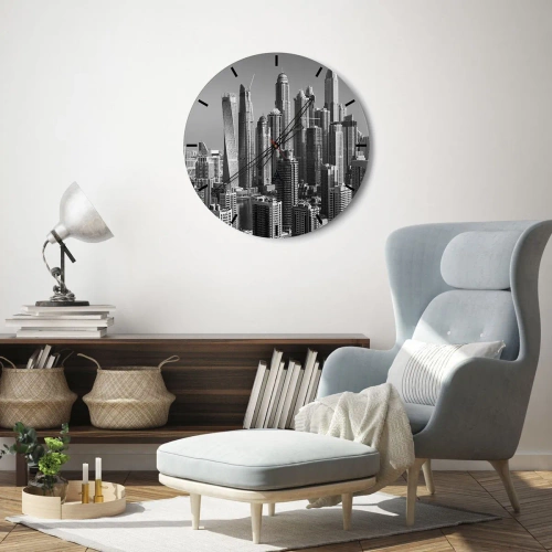 Relógio de parede - Relógio em vidro - Panorama de uma cidade moderna em preto e branco - 30x30cm - A cidade sobre o deserto - Decoração de parede moderna para a sala de estar, cozinha e quarto ARTTOR
