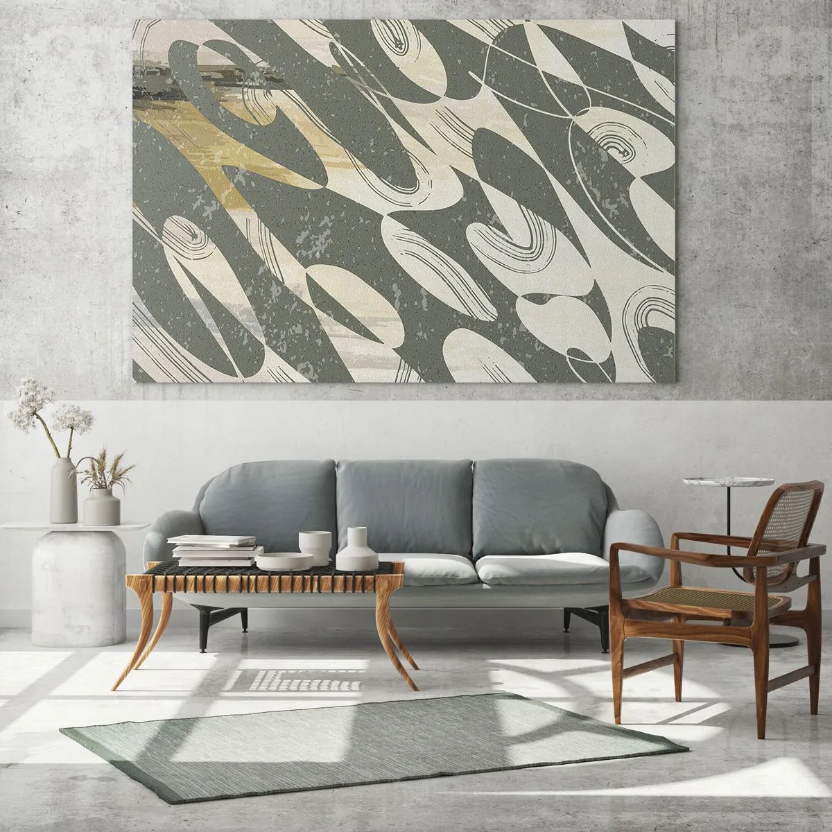Quadro em vidro - Uma composição verde e bege com formas orgânicas dinâmicas - 70x50cm - Abstração rítmica - Decoração de parede moderna para a sala de estar e quarto ARTTOR