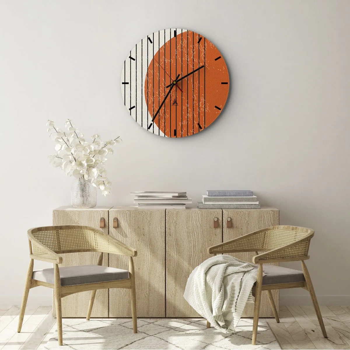 Relógio de parede - Relógio em vidro - Círculo laranja e linhas pretas em um fundo bege - 30x30cm - Sempre sol - Decoração de parede moderna para a sala de estar, cozinha e quarto ARTTOR