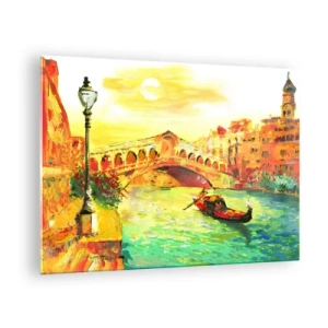 Quadro em vidro - Canal com gôndola e ponte sob os raios do sol poente - 70x50cm - Romaria dos amantes - Decoração de parede moderna para a sala de estar e quarto ARTTOR