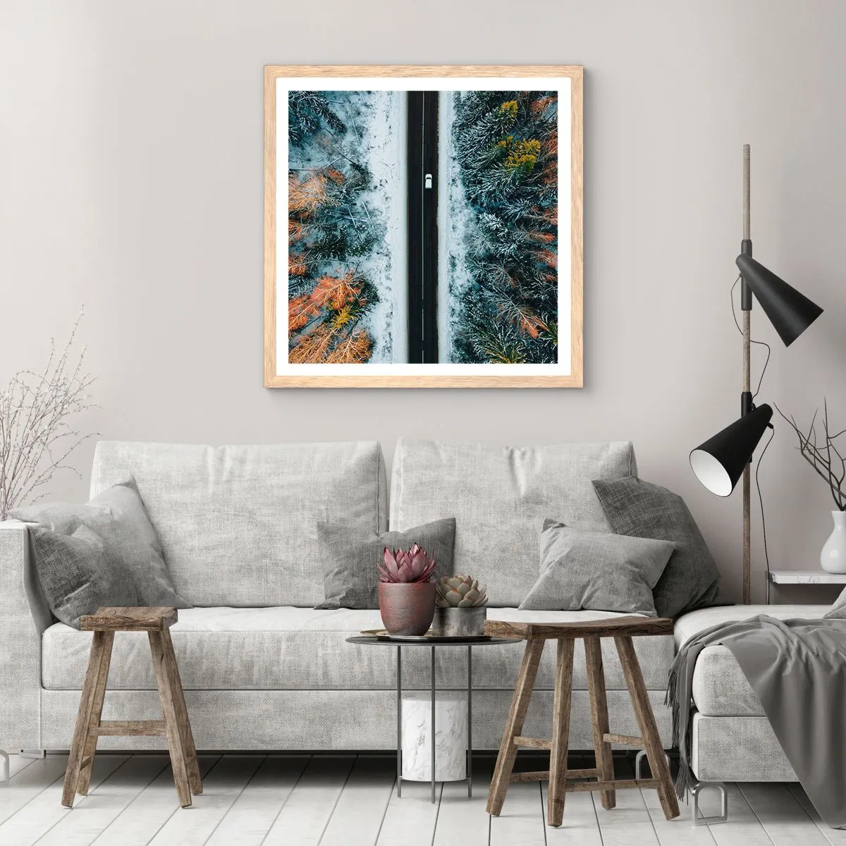 Pôster com moldura de carvalho claro - Cortar a floresta no inverno - 40x40 cm