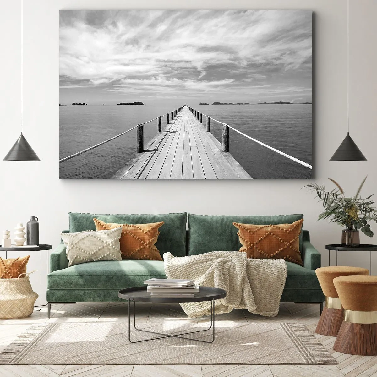 Quadro em tela - Um píer de madeira que se estende ao longe sobre um mar calmo - 70x50cm - Talvez uma viagem... - Decoração de parede moderna para a sala de estar e quarto ARTTOR