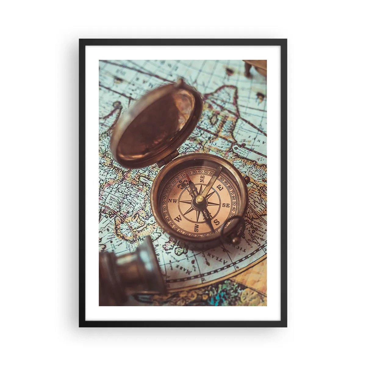 Pôster com moldura preta - Uma bússola antiga contra um fundo de mapa-múndi - 50x70cm - Para o aventureiro - Decoração de parede moderna para a sala de estar e quarto ARTTOR