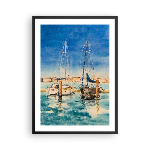 Pôster com moldura preta - Ilustração em aquarela de veleiros em uma lagoa azul em um dia ensolarado. - 50x70cm - Lagoa ensolarada - Decoração de parede moderna para a sala de estar e quarto ARTTOR