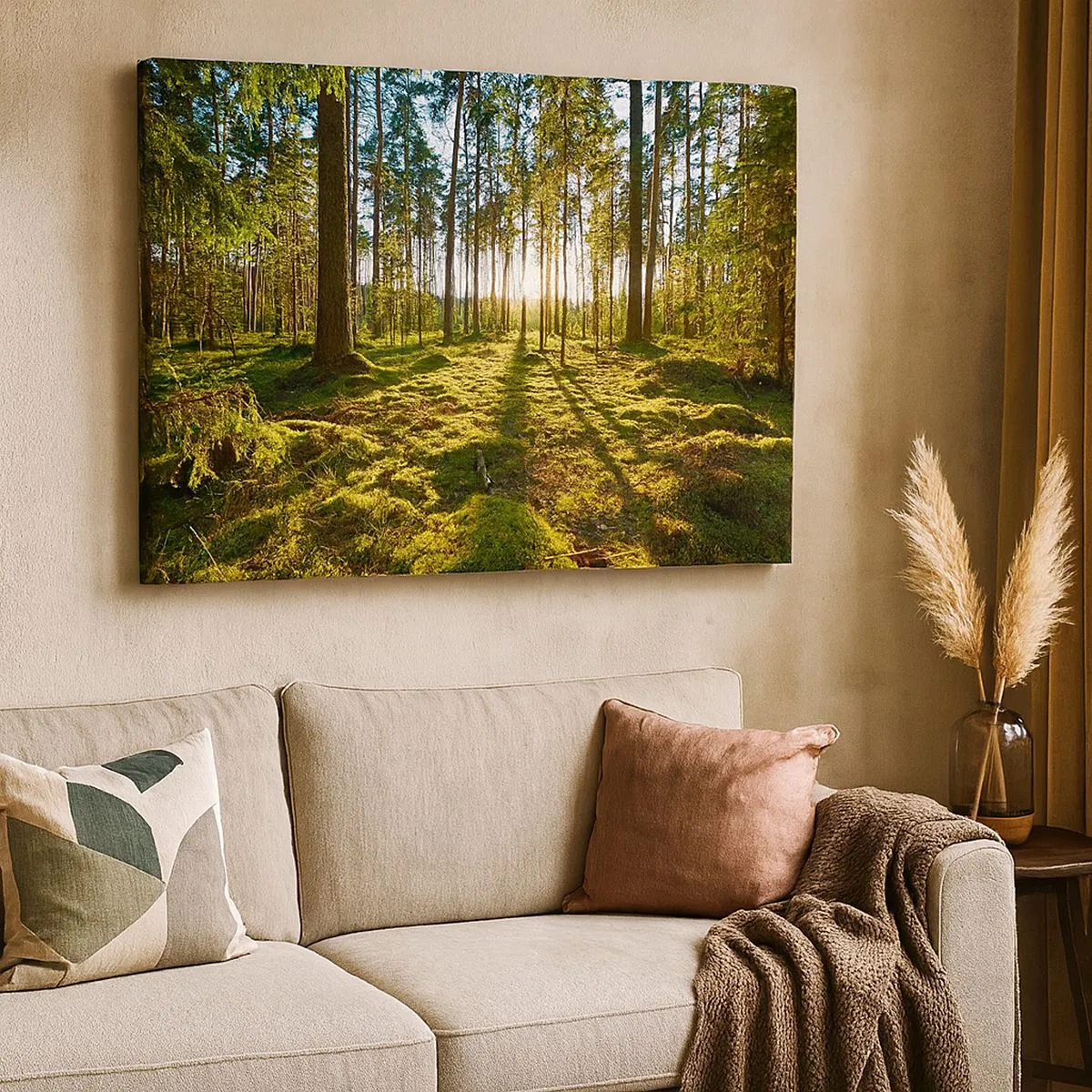 Quadro em tela - Floresta verde iluminada pela luz do sol sobre o musgo - 70x50cm - ...Além das sete florestas - Decoração de parede moderna para a sala de estar e quarto ARTTOR