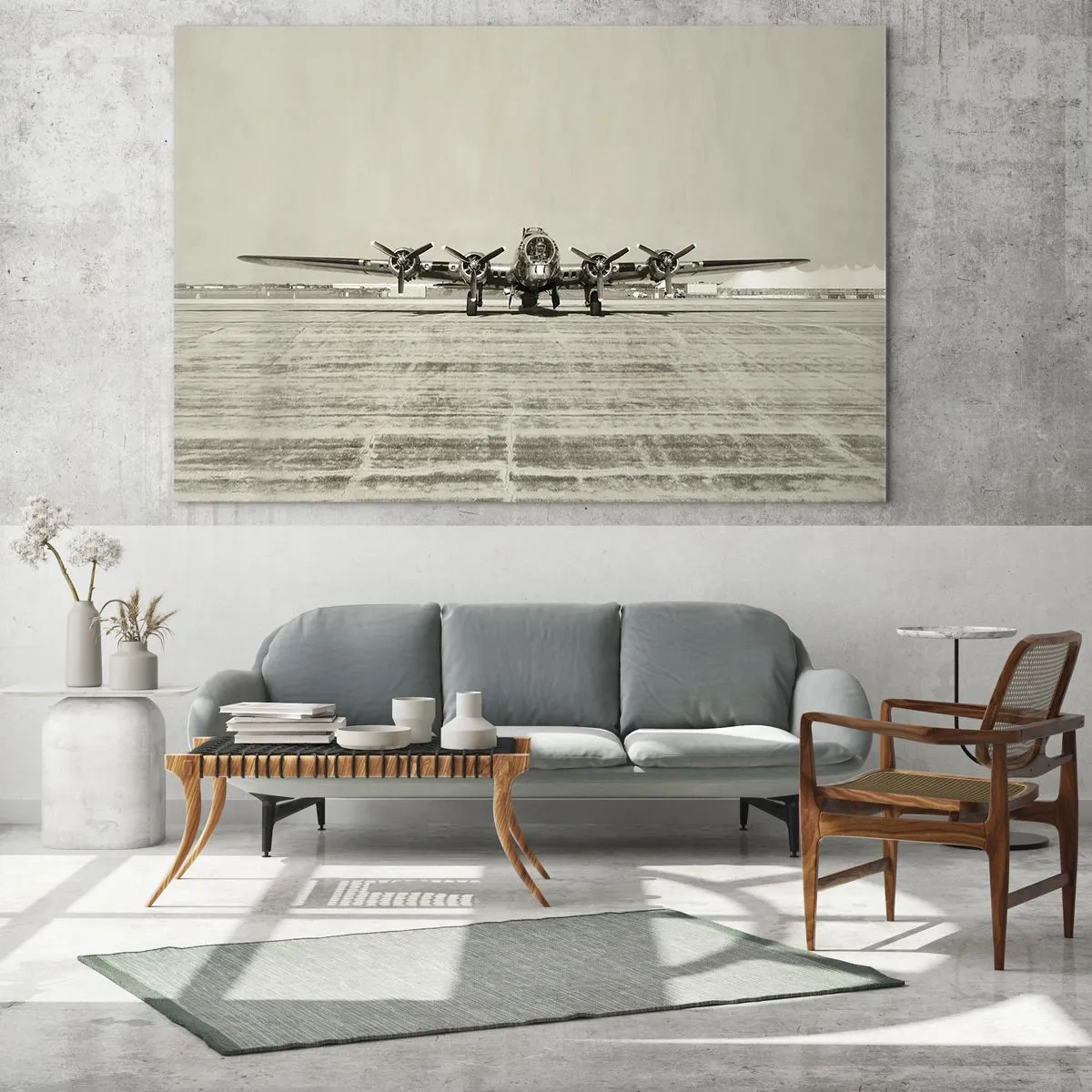 Quadro em vidro - Avião histórico no aeroporto em estilo sépia - 70x50cm - Pronto como sempre  - Decoração de parede moderna para a sala de estar e quarto ARTTOR