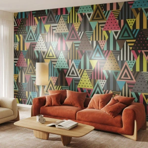 Papel de Parede Standard Eco - Triângulos coloridos em um padrão geométrico moderno - 100x70cm - Em ritmo para três - Decoração de parede moderna para a sala de estar e quarto ARTTOR
