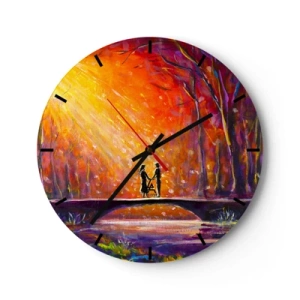 Relógio de parede - Relógio em vidro - Pôr do sol colorido sobre uma ponte na floresta - 30x30cm - O céu também os ama - Decoração de parede moderna para a sala de estar, cozinha e quarto ARTTOR