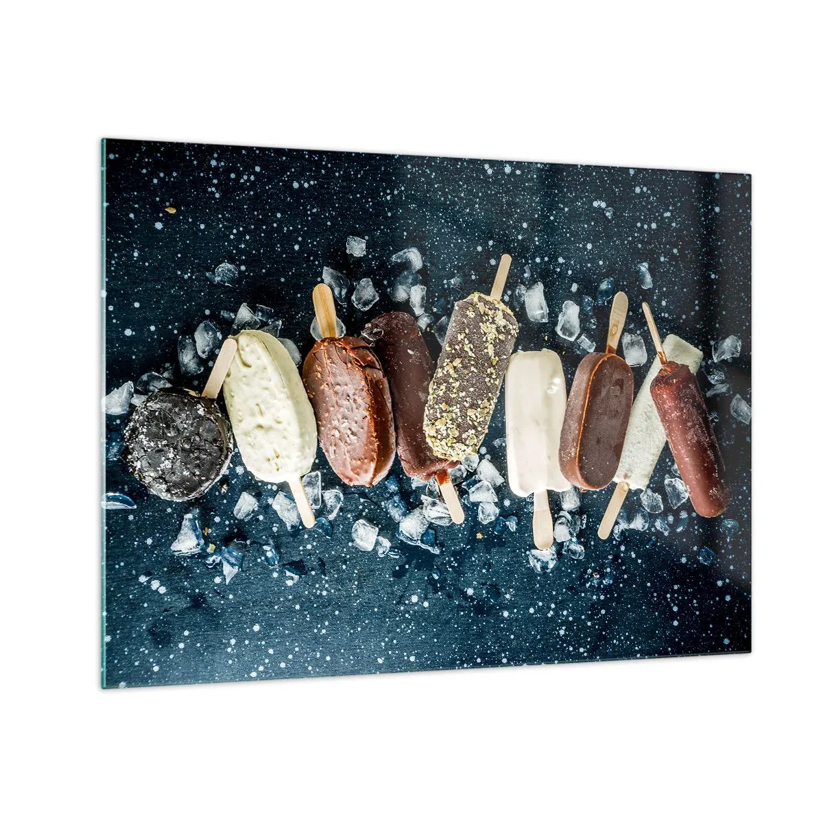 Quadro em vidro - Picolés de vários sabores dispostos em cubos de gelo - 70x50cm - O sabor de um verão quente - Decoração de parede moderna para a sala de estar e quarto ARTTOR