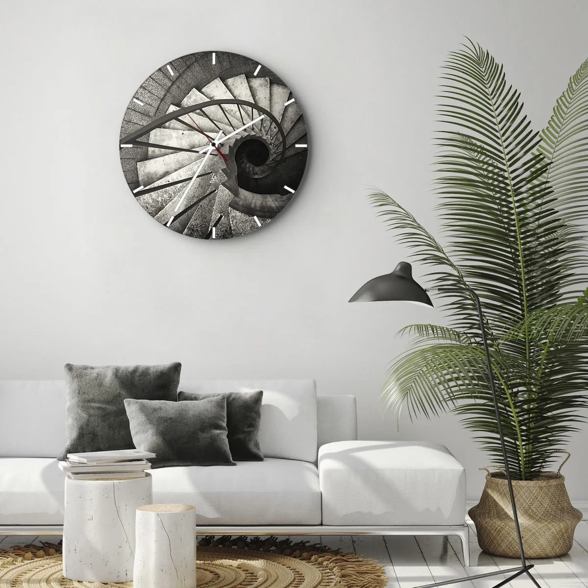 Relógio de parede - Relógio em vidro - Escada em espiral preta e branca com vista para baixo e disposição geométrica dos degraus - 30x30cm - Suba as escadas, desça as escadas - Decoração de parede moderna para a sala de estar, cozinha e quarto ARTTOR