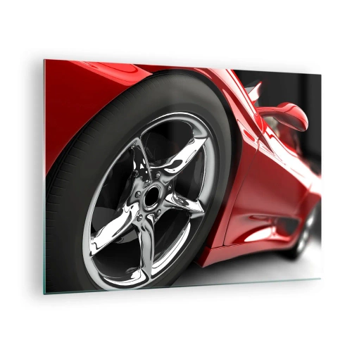 Quadro em vidro - Detalhe de um carro esportivo vermelho com aro cromado - 70x50cm - Projetado para a velocidade - Decoração de parede moderna para a sala de estar e quarto ARTTOR