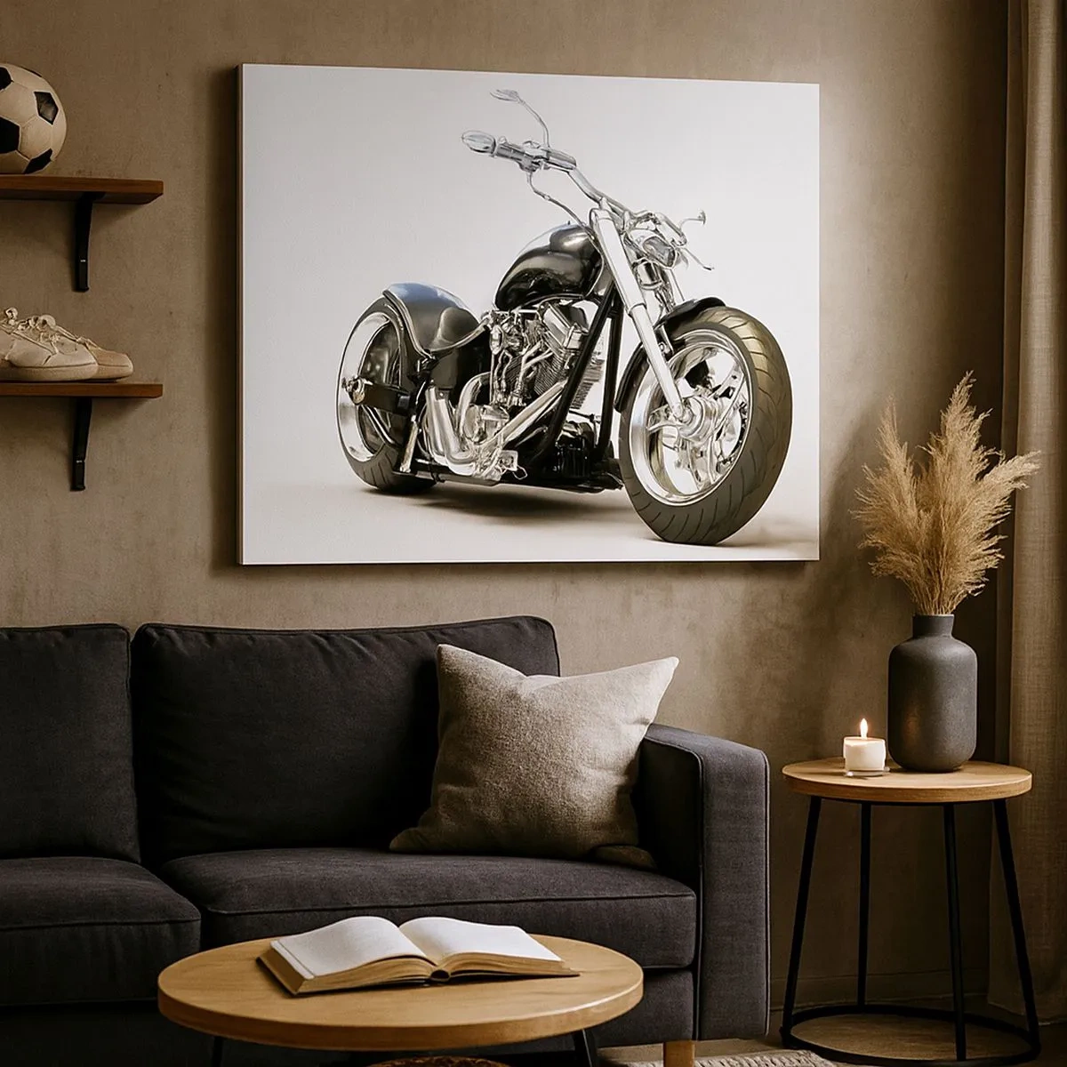 Quadro em tela - Motocicleta preta estilosa em fundo branco - 70x50cm - Força com caráter - Decoração de parede moderna para a sala de estar e quarto ARTTOR