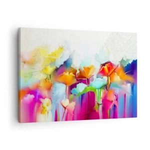 Quadro em tela - Flores coloridas abstratas em um fundo claro - 70x50cm - O arco-íris floresceu - Decoração de parede moderna para a sala de estar e quarto ARTTOR