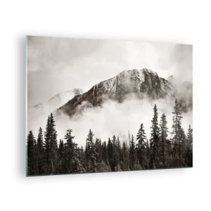 Quadro em vidro - Paisagem montanhosa com floresta e neblina em tons sépia - 70x50cm - O soberano de granito - Decoração de parede moderna para a sala de estar e quarto ARTTOR