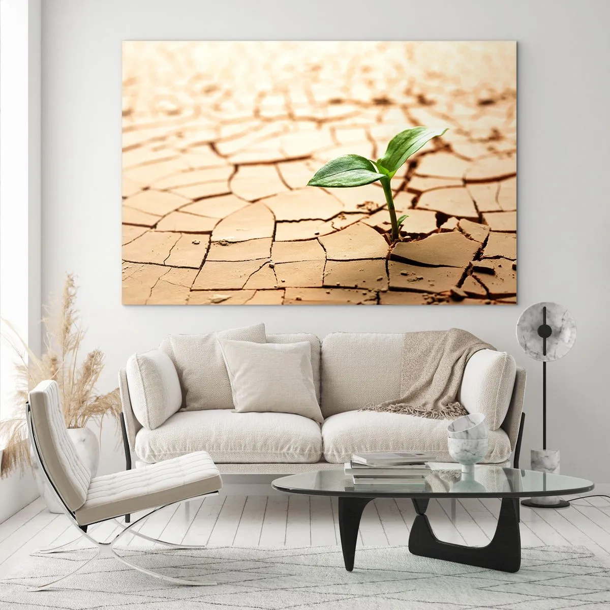 Quadro em vidro - Uma planta jovem crescendo em terra seca e rachada - 70x50cm - A força indomável da vida - Decoração de parede moderna para a sala de estar e quarto ARTTOR
