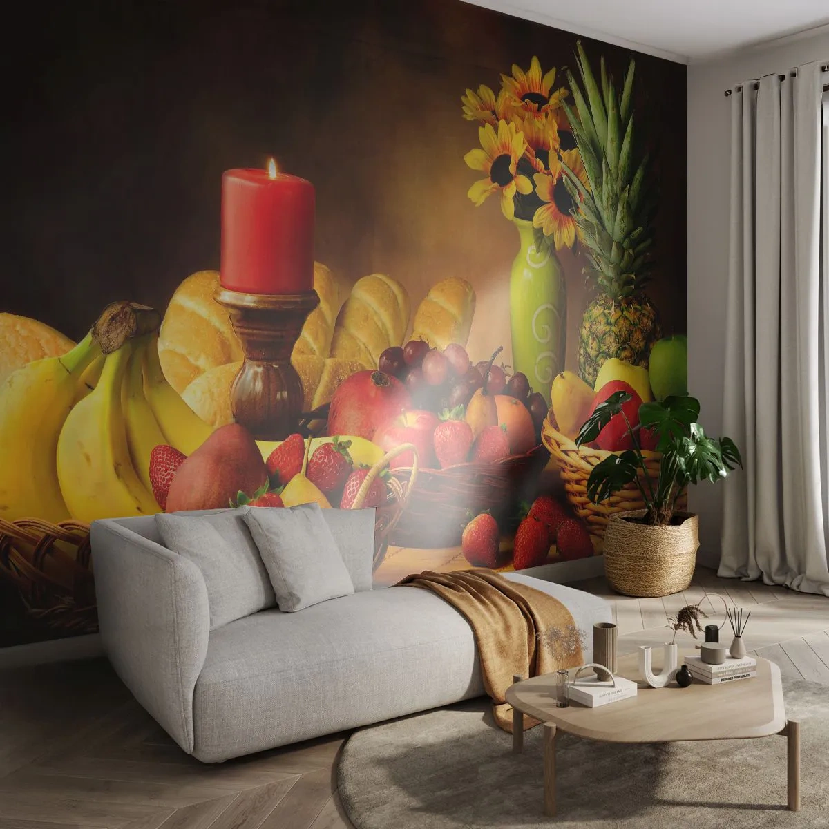 Papel de Parede Premium Sand - Natureza morta com pão e fruta - Gastronomia, Flores, Fruta - 400x280 cm