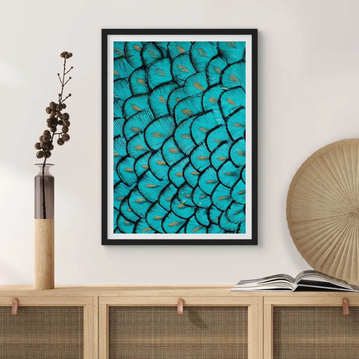 Pôster com moldura preta - Fotografia macro de penas turquesas com um padrão único - 50x70cm - A grande gala de penas - Decoração de parede moderna para a sala de estar e quarto ARTTOR