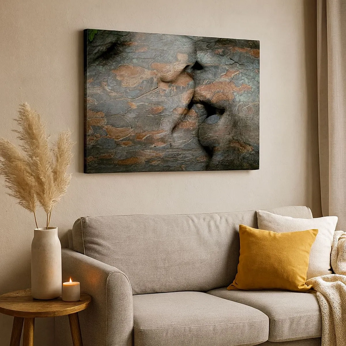 Quadro em tela - Um motivo artístico de um rosto esculpido em rocha com efeito de textura natural. - 70x50cm - Juntos para sempre - Decoração de parede moderna para a sala de estar e quarto ARTTOR